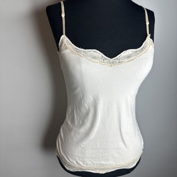 Vintage 90s Y2k Rave Lace Cream Cami Camisole Tank Top Sz Small Fairycore Flaws - Picture 3 of 10